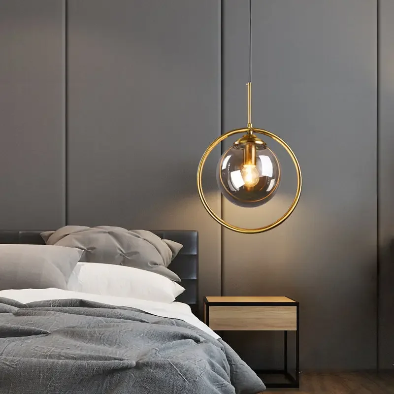 

Modern Glass Ball Pendant Lighting Fixture Golden Ring Kitchen Dining Room Bedside Hanging Lamps Luminaire Suspension Lights