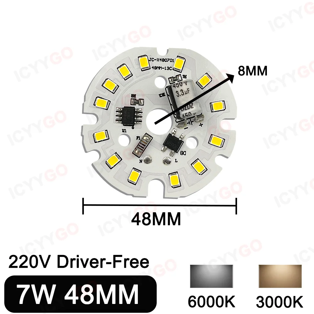 LED チップ 220V ドライバ不要 5 ワット 7 ワット 9 ワット 15 ワット 18 ワット 24 ワット電球 2835SMD ラウンドランプビーズ DOB AC220V 電球チップ照明 3000-6000 K 2 色