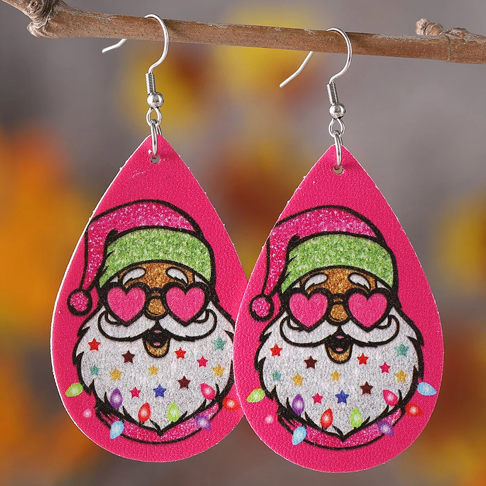 Amazon Europe and America are fresh, sweet and cute Santa Claus water drop-shaped PU leather double-sided earrings