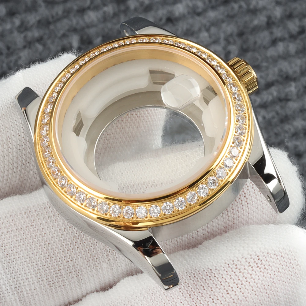 

NH05 Gold Silver 33mm Diamond Watch Case Sapphire glass For DATEJUST NH05 NH06 Movement 25mm Dial Stainless Steel Bracelet Case