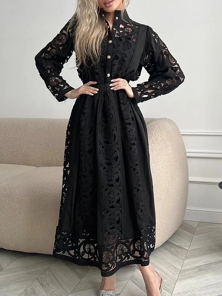 Retro autumn 2024 new women\'s two-piece embroidered hollow long-sleeved loose shirt top+high waist and big skirt fashion suit