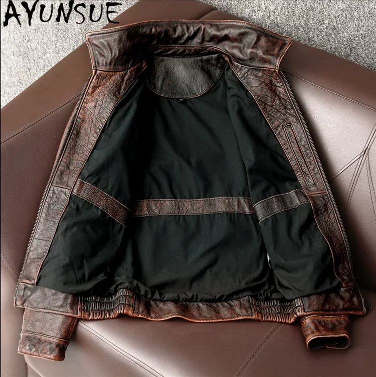 AYUNSUE chaqueta de cuero de vaca auténtico para hombre, abrigos cortos Vintage de piel de vaca, abrigos de cuero genuino a la moda para otoño, chaqueta Bomber para hombre, Chaquetas