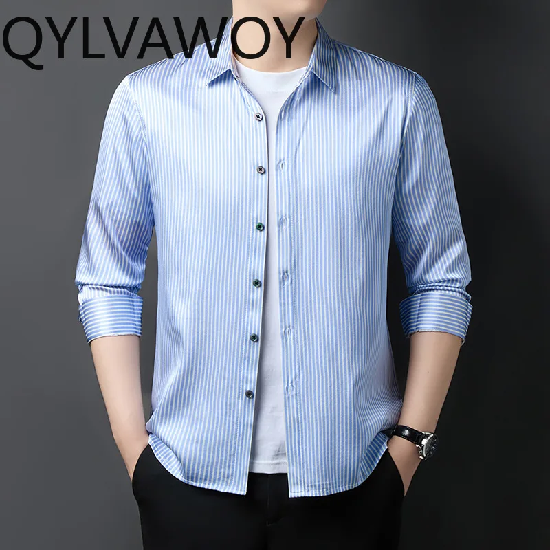 QYLVAWOY 90.8% Real Mulberry Silk Men's Shirts Spring Autumn Thin Tops Long Sleeves Shirts High-end Lapel Stripe Shirts for Men