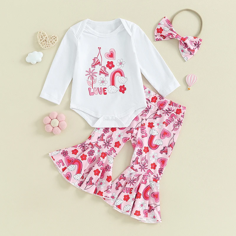 

2023-10-04 Lioraitiin 0-18M Newborn Baby Girl Valentine 's Day Outfit Heart Print Long Sleeve Romper Flared Pant Headband Set