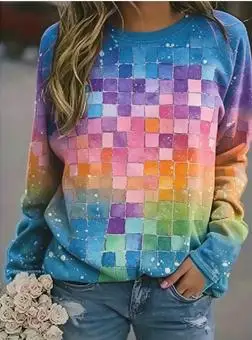Women's Colorful Plaid Sweatshirt Rainbow Gradient Print Long Sleeve Top