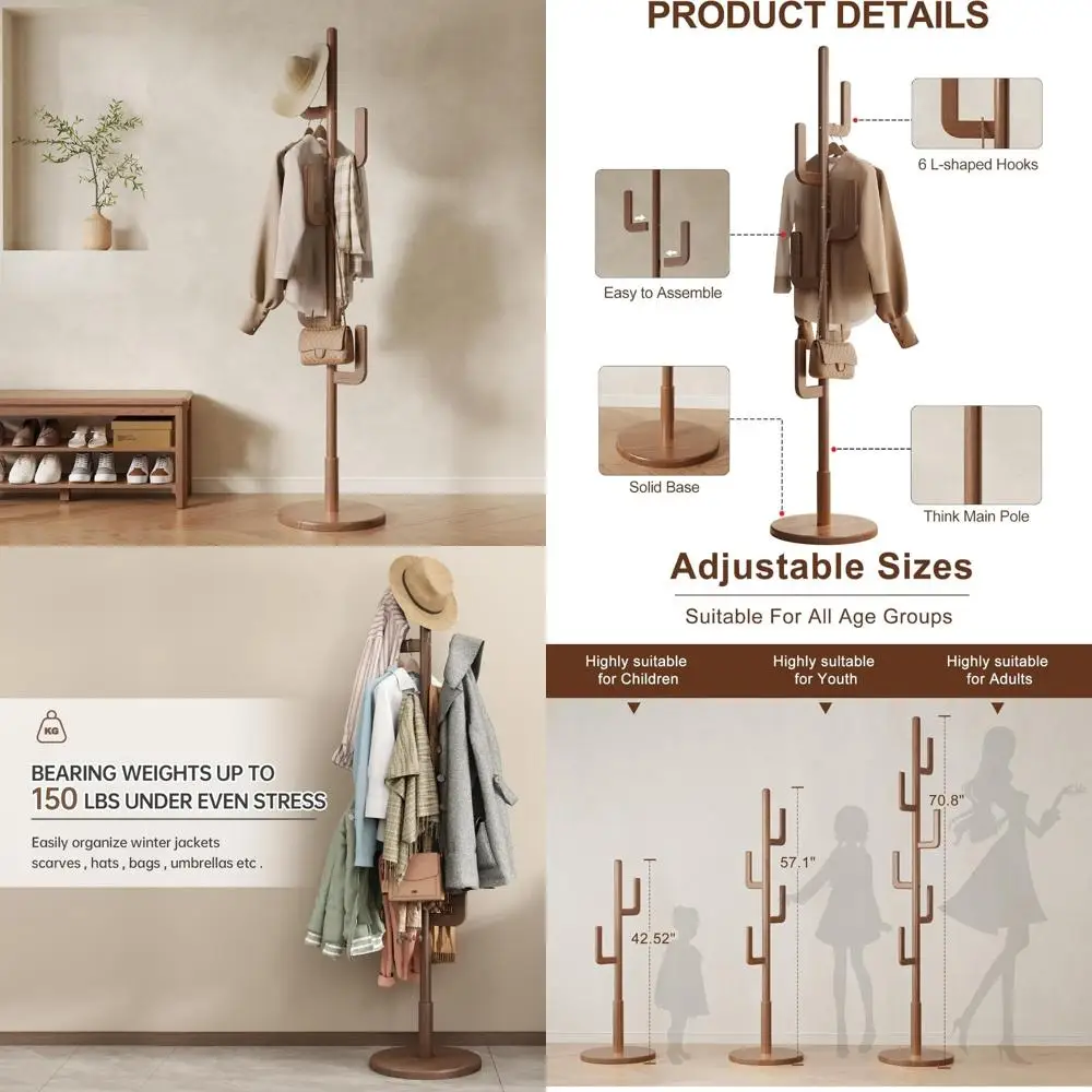 Freestanding Solid Wood Cactus Coat Rack with 6 Hooks and Adjustable Sizes for Home Entryway and Bedrooms