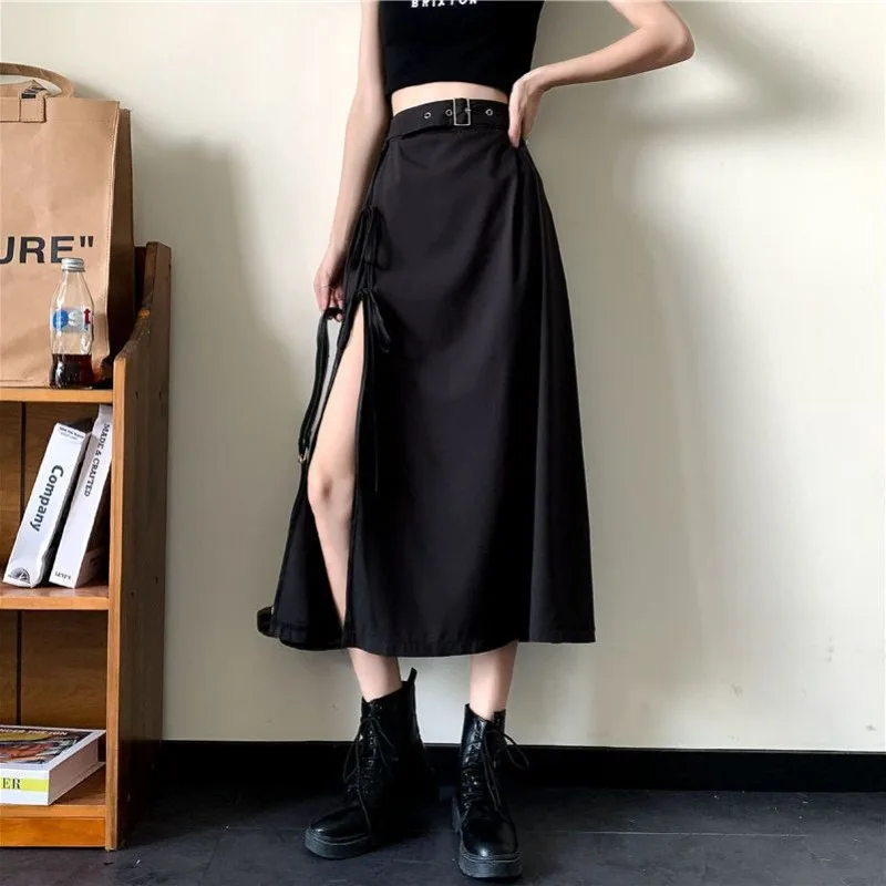 Midi Skirts Women Irregular Side-slit Chic Gothic A-line Streetwear Summer Cool Hip Hop Personality Lace-up Design Students OOTD