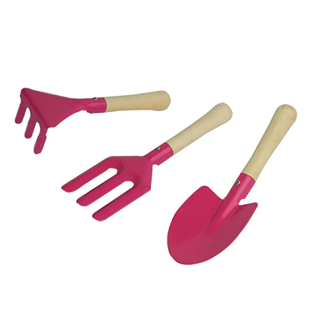 3 Stuks Kinderen Tuingereedschap, Houten Handvat Hark Shovel Vork Set, Strand Kit Voor Jongens En Meisjes