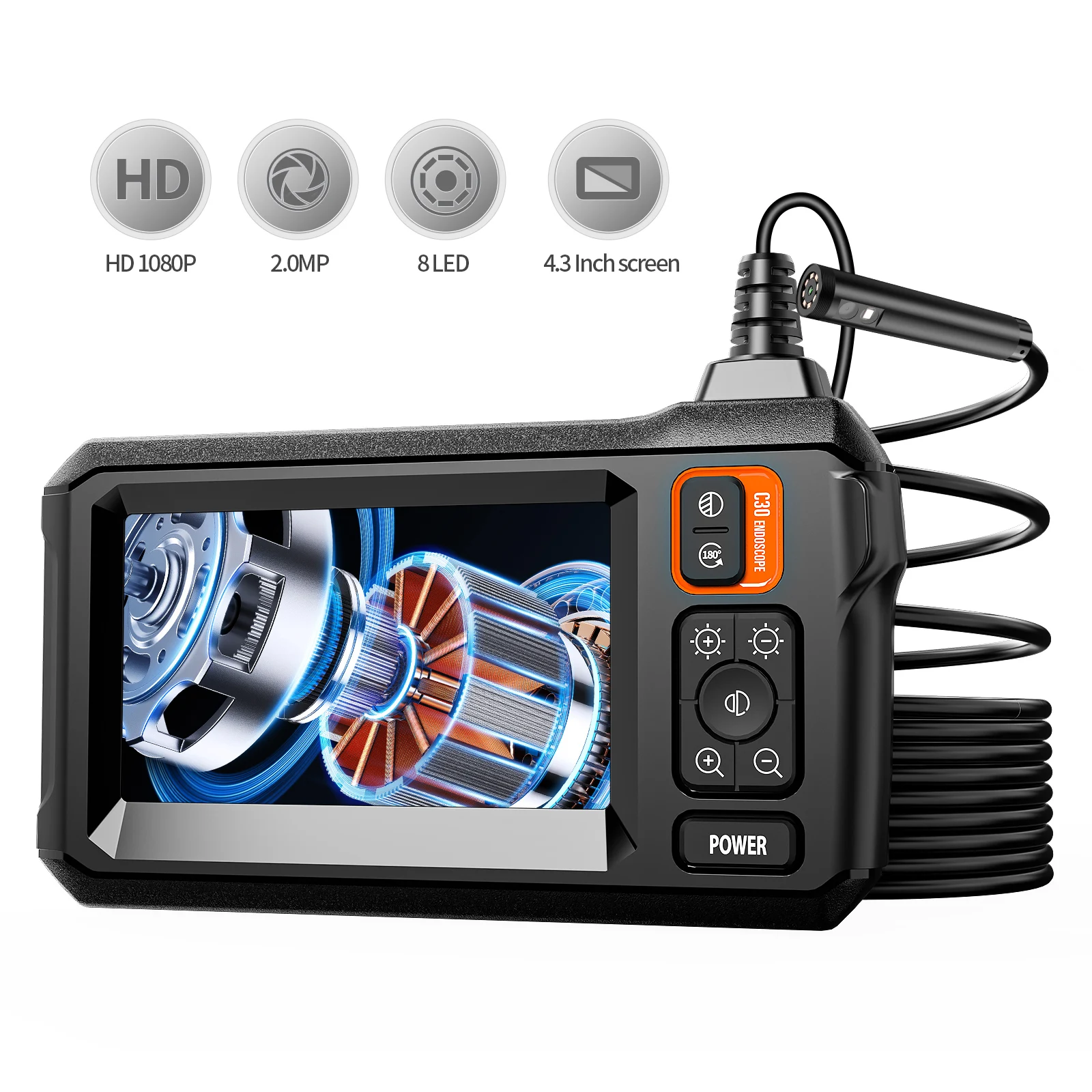 4.3 Inch Screen Industrial Endoscope Camera 8mm Lens 1080P IP67 Waterproof Borescope for Automotive Pipe Inspection