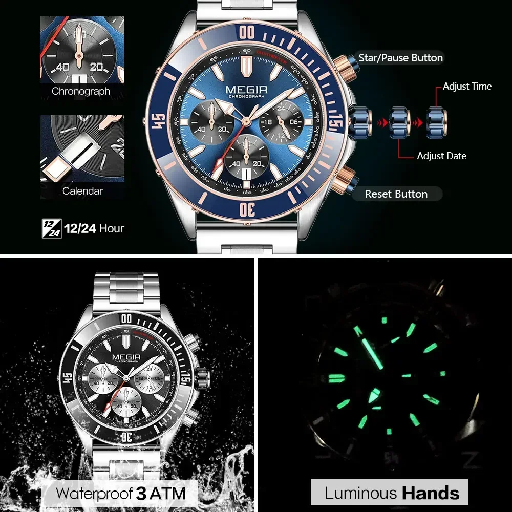 Reloj deportivo MEGIR azul marino para hombre, reloj de pulsera cronógrafo con correa de silicona resistente al agua a la moda con manecillas luminosas y fecha automática 2226