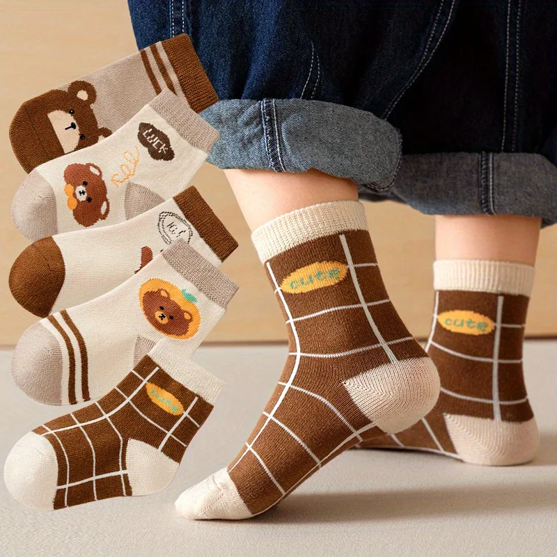 5 Pairs Kids Cartoon Bear Crew Socks Soft Cotton LUCK Print Casual Mid-Calf Socks for Boys Girls