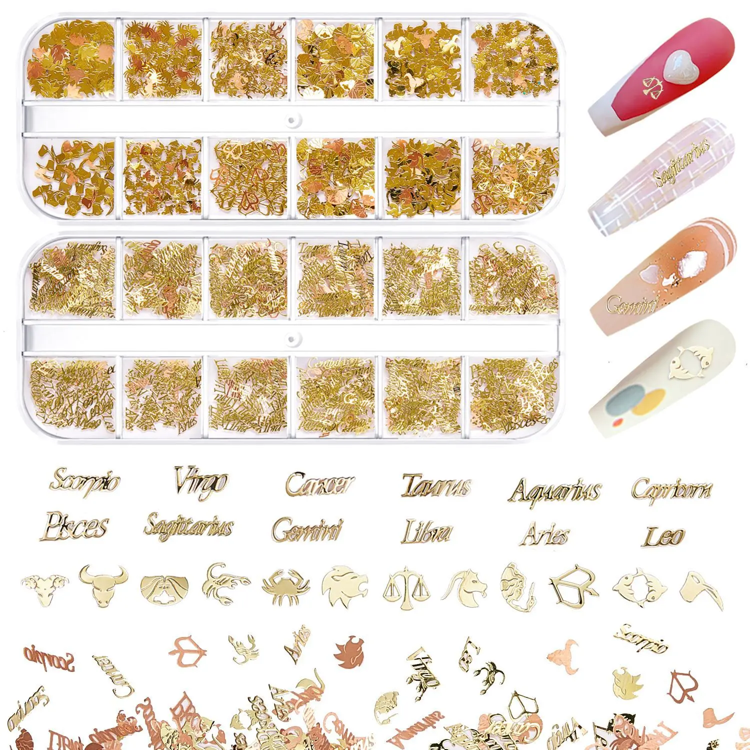 Gold Mix Zodiac Nail Charms Flakes 12w1 Mixed Constellation Patterns Metal Words Letters 3d Nail Art Decorations Alloy Sequins