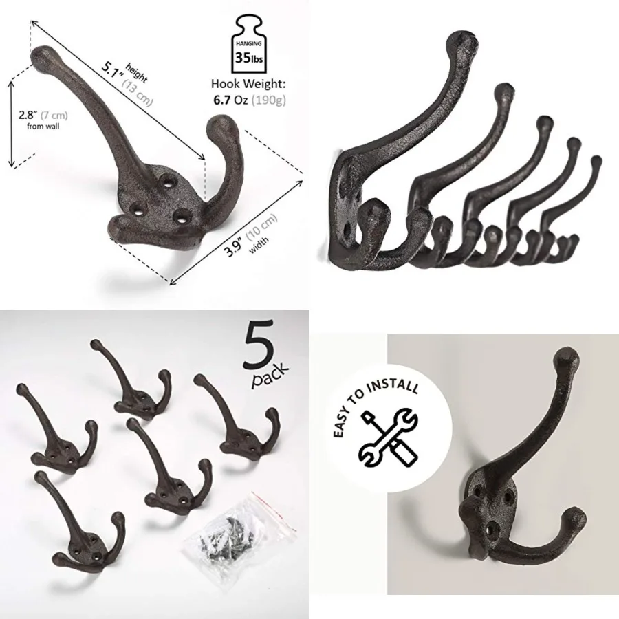 

5 упаковок крючков TriLeg для одежды для грязной комнаты, вешалка для шляп, крючки для кошелька, настенные сверхмощные декоративные черные настенные крючки с антикварным черным цветом