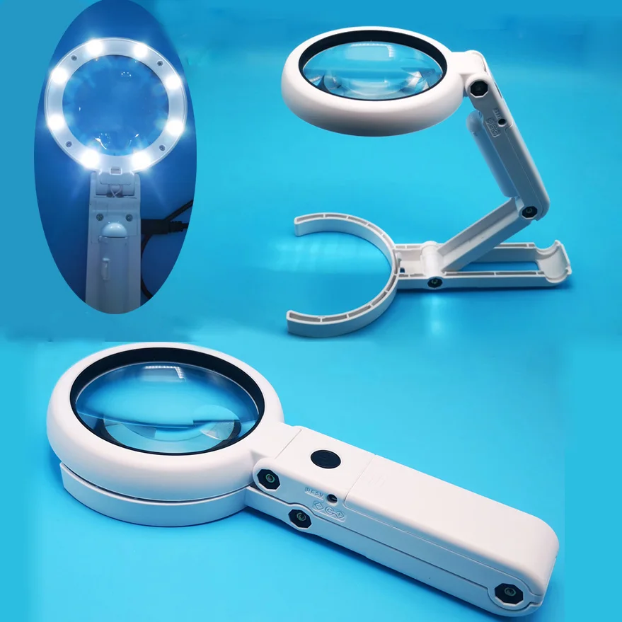 Magnifying Glass with 8 LED Lights 11X Magnifier Handheld Foldable Stand Desk Reading Lamp Repair Helping Hand Soldering