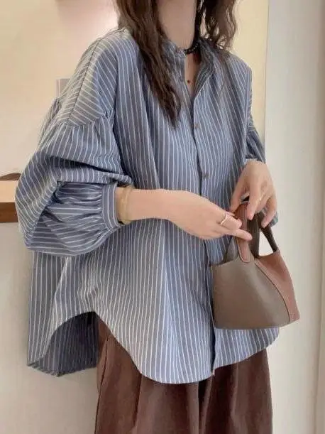 

Loose Fit Casual Stripe Lantern Sve irt Women's Autumn Top Slimming Stand Collar Long Sve Cotton Polyester Blend