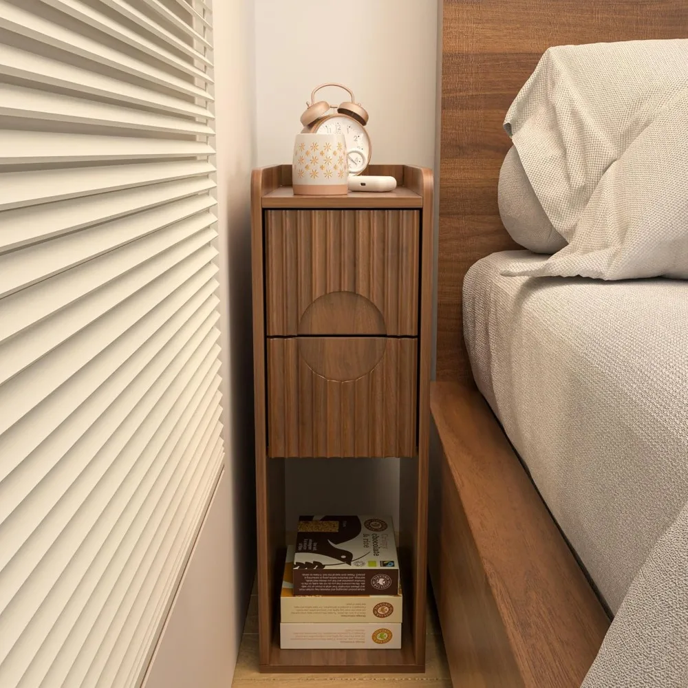 مجموعة منضدة ضيقة مخددة مكونة من 2، منضدة خشبية صغيرة ذات درجين، طاولة جانبية رفيعة، طاولة بجانب السرير عتيقة، مود منتصف القرن #2