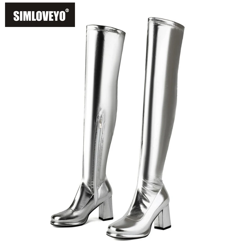 

SIMLOVEYO Winter Autumn Over Knee Boots 8.5cm Chunky Heel 1.5cm Platform Zip Round Toe Leather Thigh High Big Size 46 47 48 US17