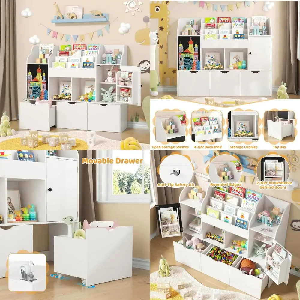 

Детская книжная полка 47.3 с доской для письма мелом, 3-ярусная, органайзер для игрушек для мальчиков и девочек, белая