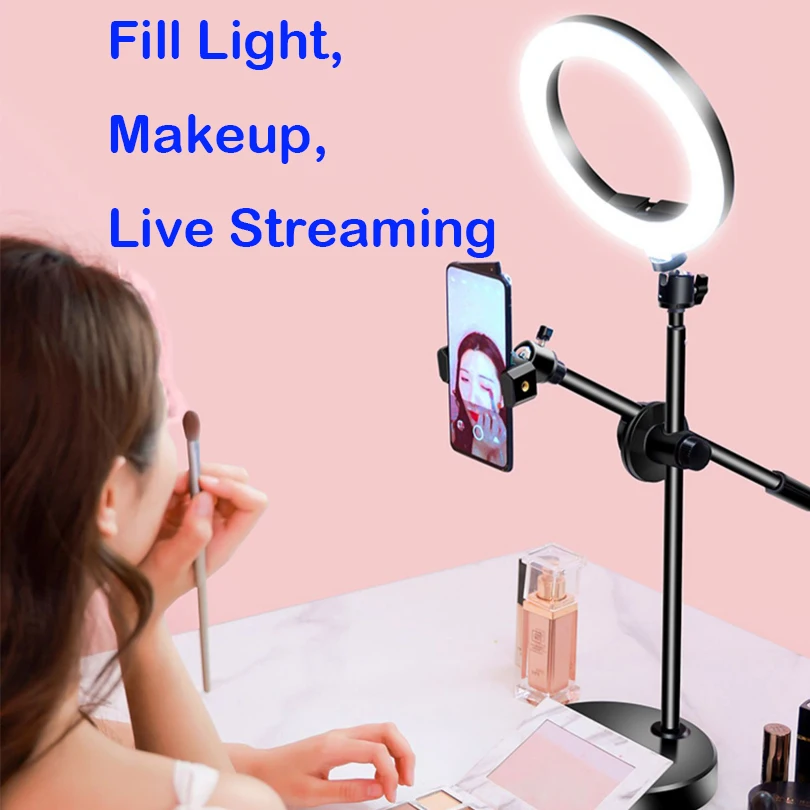 26CM 16CM Desktop Overhead Tripod Ring Light Table Tabletop Shooting With Phone Holder Boom Arm For Live Youtube Streaming Video