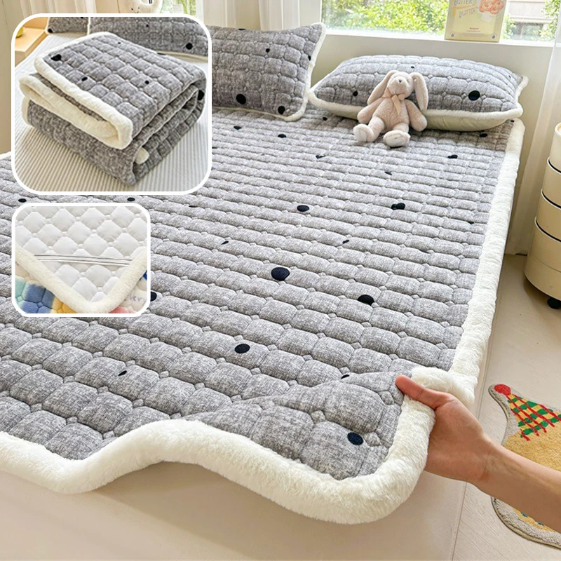 

New Winter Flannel Mattress Topper Foldable Tatami Mat Non Slip Thin Warm Bed Cover for Single Double Dormitory Space Saving