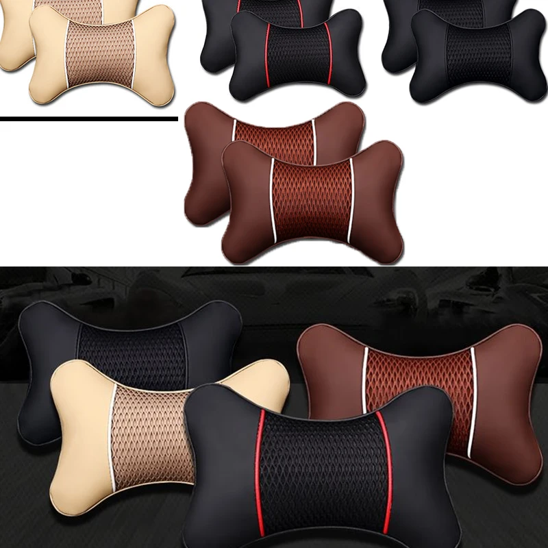 New 2Pcs Leather Knitted Car Pillows Headrest Neck Rest Cushion Support Seat Accessories Black Safety Pillow Universal Decor