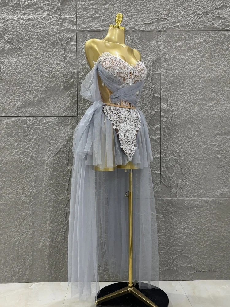 Conjunto de dos piezas de falda superior de malla con espalda descubierta, traje de actuación para Festival, fiesta de noche de cumpleaños de lujo, glamuroso y Sexy