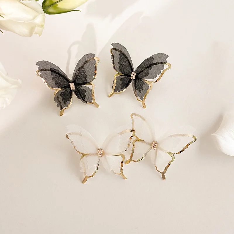 Pendientes de mariposa de malla hueca exagerada para mujer, joyería de fiesta, regalo de fiesta nupcial, pendientes de moda dulce, blanco y negro