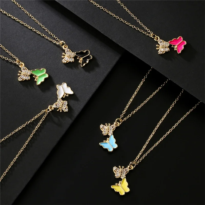 

Bohemia Colorful Crystal Double Butterfly Pendant Necklace Korean Woman Clavicle Chain Popular Choker Creative Zircon Jewelry