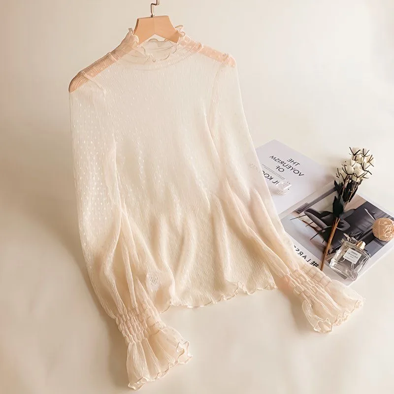 אביב סתיו נשים חולצת תחרה שחורה דקה סקסית צווארון גולף ארוך שרוולים דקים תחרה סרוגה טלאים חולצות אופנה בגדי נשים