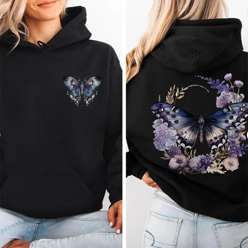 

Floral Butterfly Hoodie Watercolor Print Front And Back Hooded Sweatshirt Unisex Comfortable Sweater For Women Daily Wear