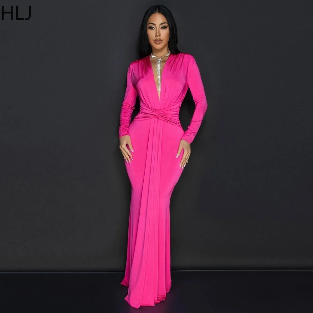 HLJ Sexy tinta unita Deep V Bandage Slim Party Club abiti donna manica lunga Lace Up Floor Dress elegante Lady Bodycon abbigliamento