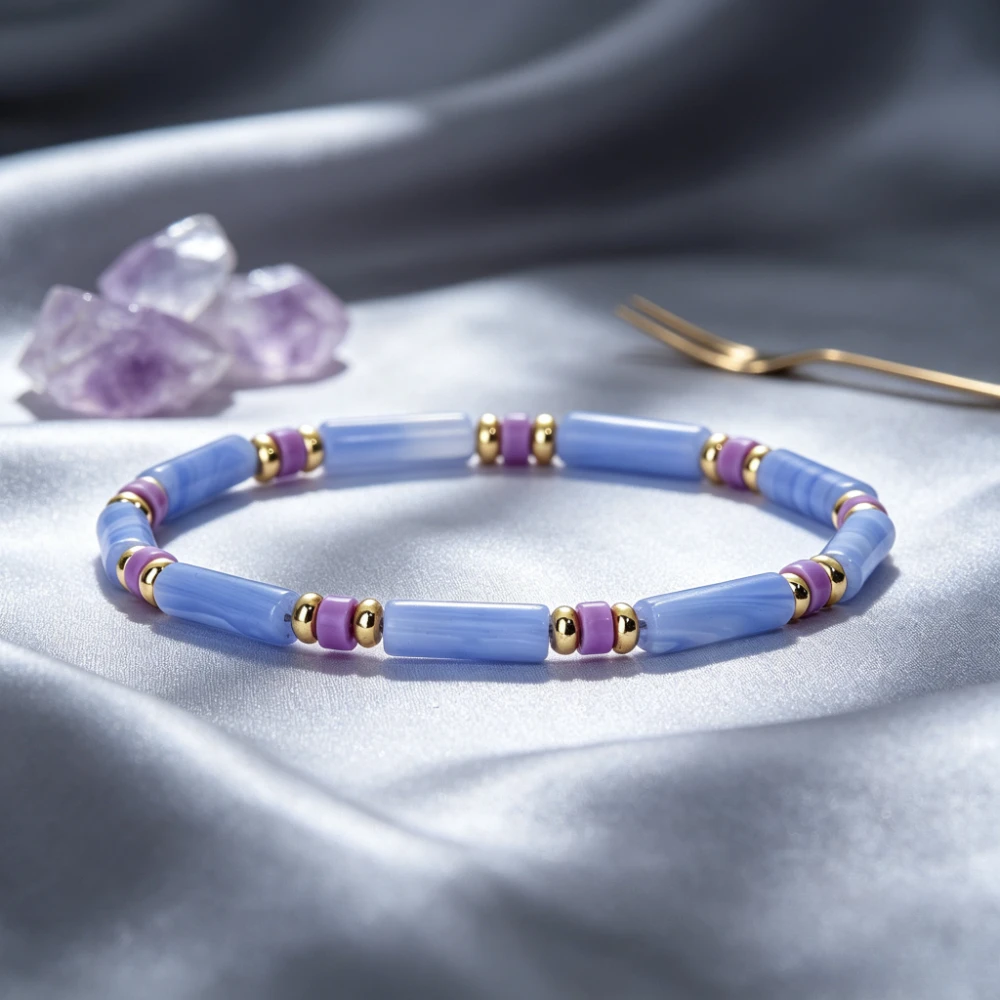 1pc Ladies' natural blue patterned agate tube beads paired with purple separated bead bead bracelet, symbolizing inner peace