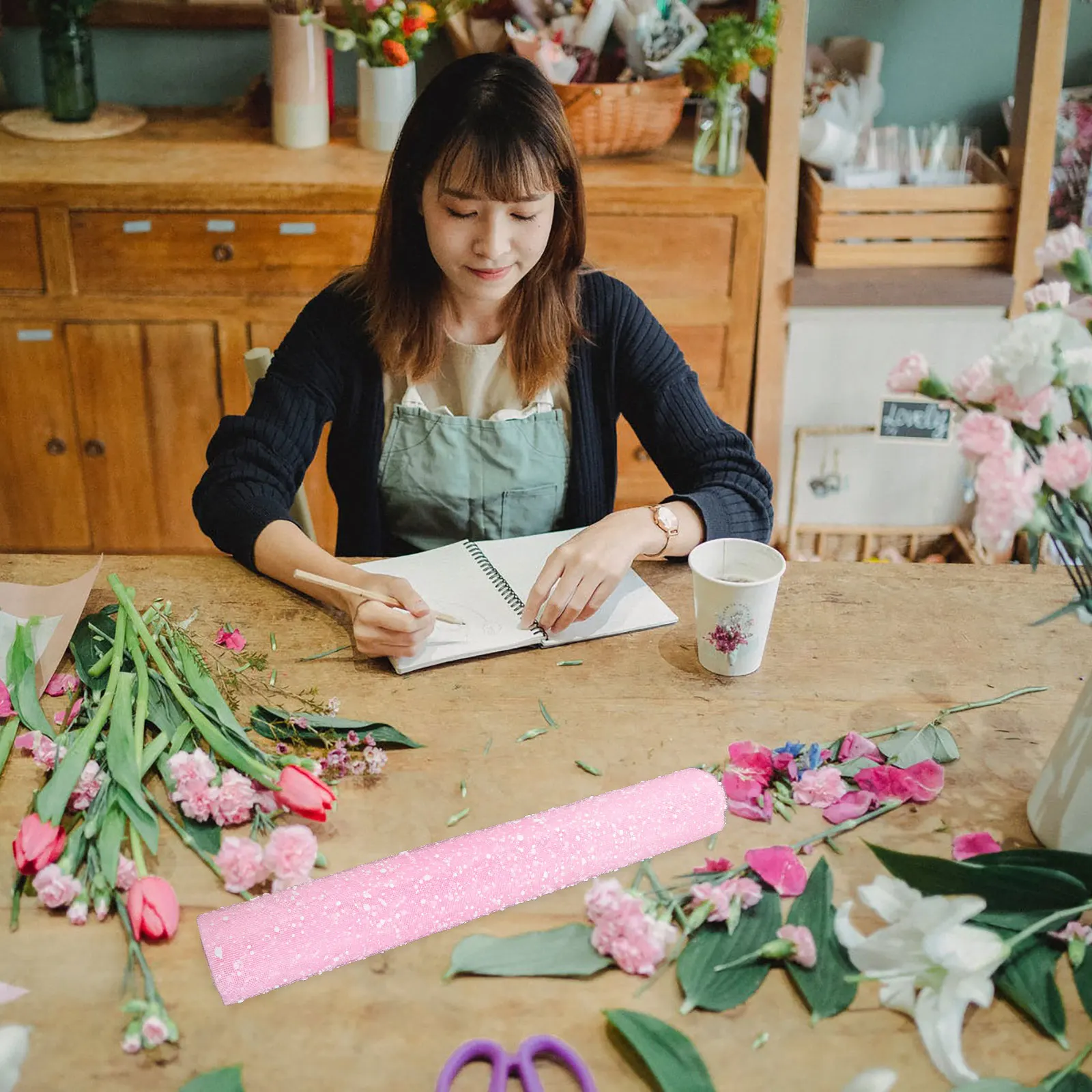 

Floral Wrapping Paper Bouquet Decorations Craft DIY Pink Tulle Fabric Ribbon Rolls for Gifts Boxes Bows Parties Weddings