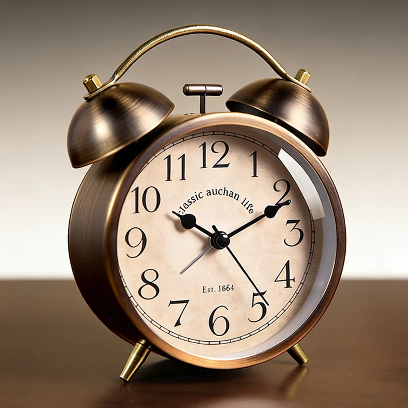European-style vintage alarm clock with loud volume, tabletop display, night light, and silent mode.