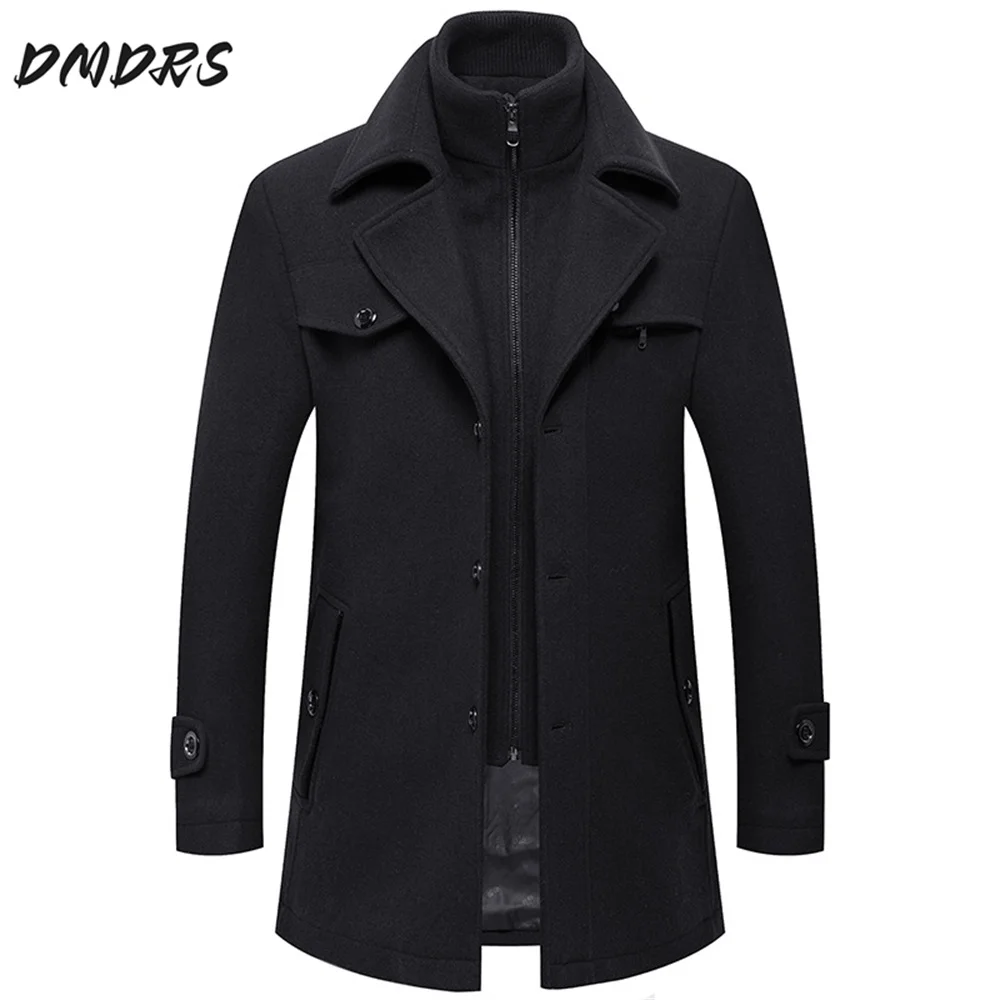 Classic Autumn Winter Business Woolen Coat for Men Fashion Removable Double-layer Collar Woolen Coat with Cotton and Thicken