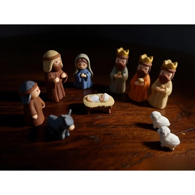 Mini-Weihnachtskrippenset in einer kleinen Eisenbox, Krippenszene in Taschengröße mit Maria, Jesus und Hirten, niedliche Tierfiguren, Weihnachts- und Ostergeschenk, Dekoration. – Detail 6