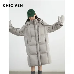 CHIC VEN New Women Down Coats Solid Loose Casual Hooded Down Jacket Female Soft 90 White Duck Down Coat Thick Autumn Winter 2024