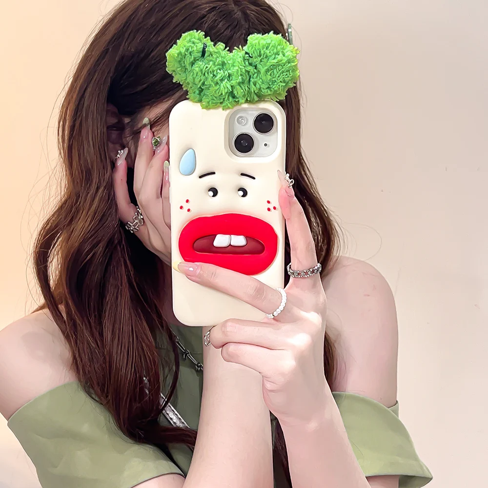 Super Funny Green hair boy Rabbit teeth For iPhone  16 15 14 13 12 Pro Max Case Sexy red lips Cartoon Silicone Cover Skin Funda