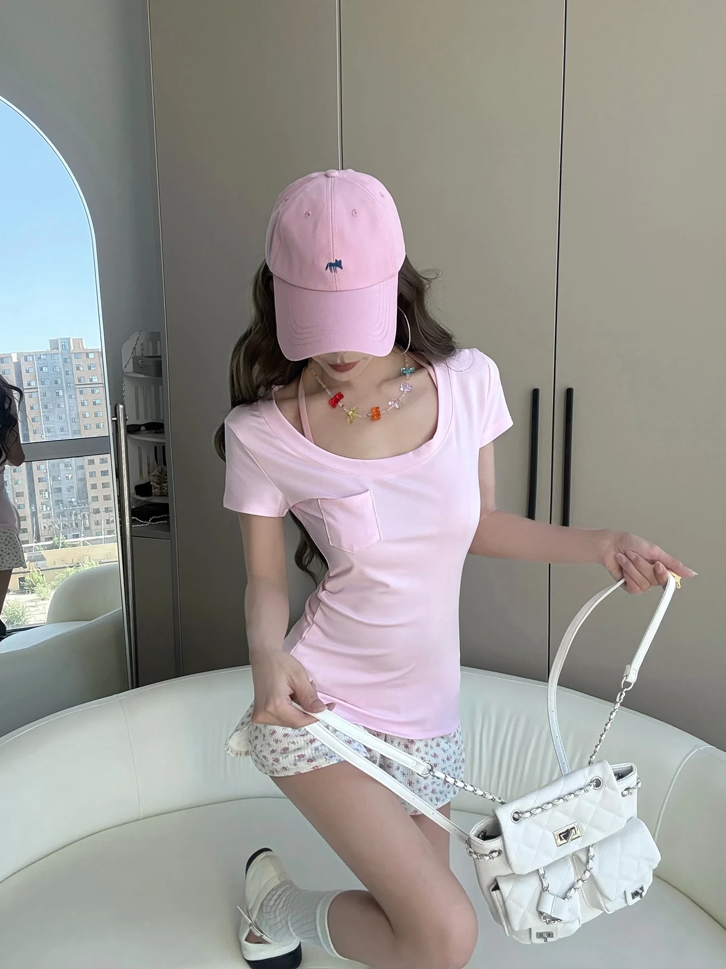 MianCun Milk Skin Mask T-Shoulder Modal Short Sleeve U-Neck Slimming Women's Top Sexy Style Casual Wear for Ladies