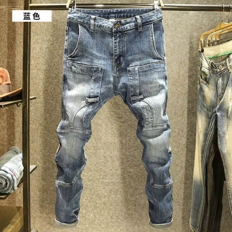 

Весна-Осень 2022, корейская роскошная одежда, новые брендовые джинсы-карго, мужские узкие уличные мужские брюки с нашивками