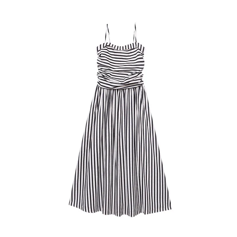 

Retro black and white striped, waist thin tube top suspender dress