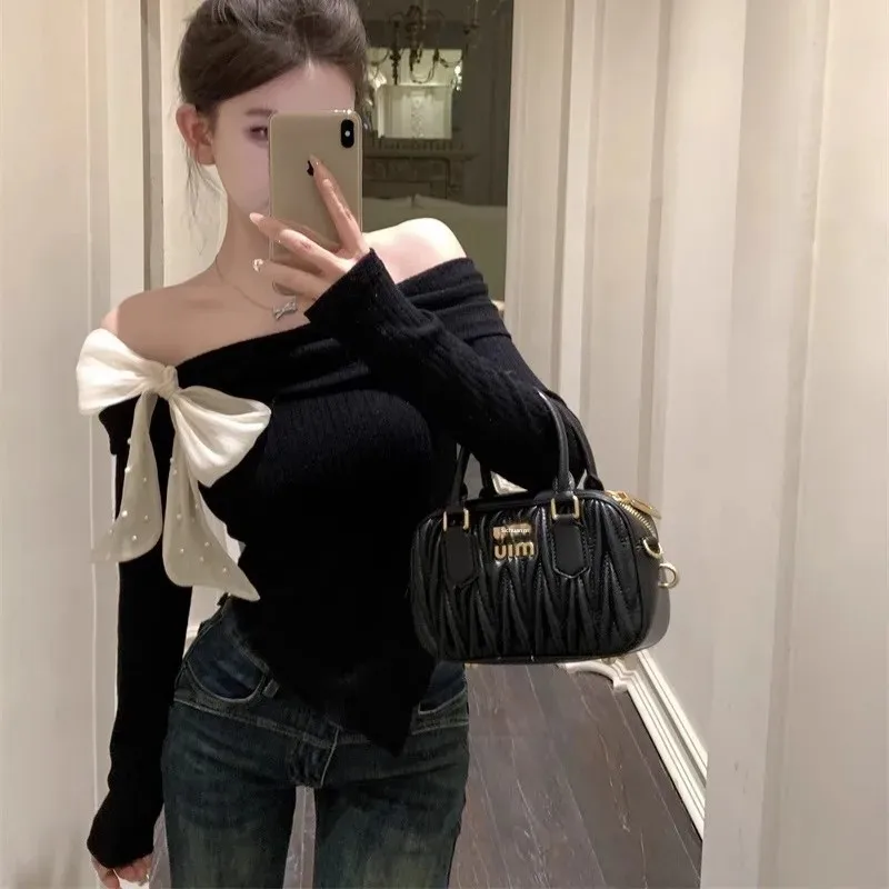 Korean Style Long Sleeve Knitted Top For Women Spring Autumn Spicy Girl Cropped Top Bow Neck Off-The-Shoulder Tiktok