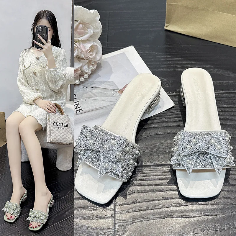 Summer Slippers Women Wear 2024 Spring New All-match Pearl Bow Open-toe Chunky Heel Fairy Sandals