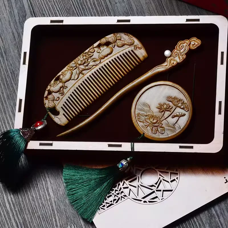 lettering natural green sandalwood carving wood comb hairpin mirror wood gift box set