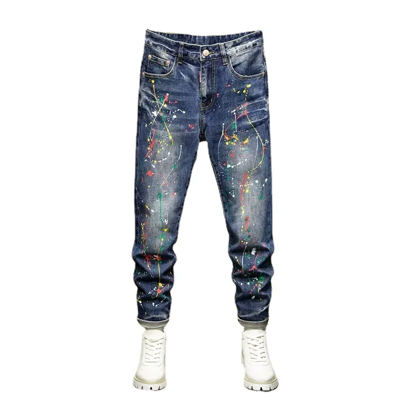 Street Fashion Men Jeans Retro Blue Stretch Slim Ripped Jeans Men Vintage Trousers Painted Designer Hip Hop Denim Pants Hombre