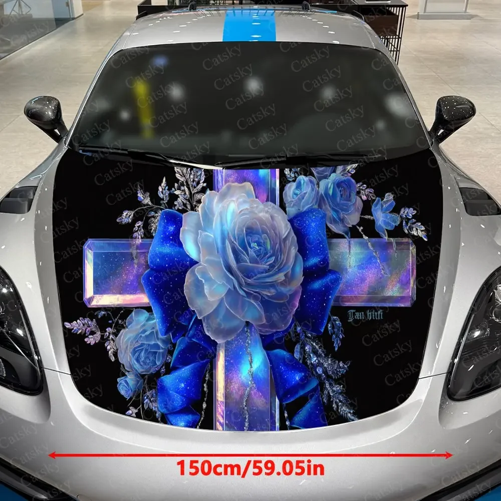 Rose Wrapped Cross Car Vinyl Wrap, PVC Waterproof Car Hood Sticker, Self-Adhesive Scratch-Resistant Engine Cover Sticker
