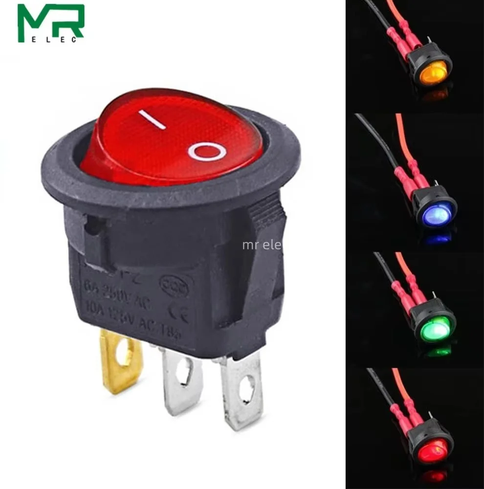 10PCS Round switch button3pin 2gear red black ship switch KCD1-105 small power switch 20MM 15MM