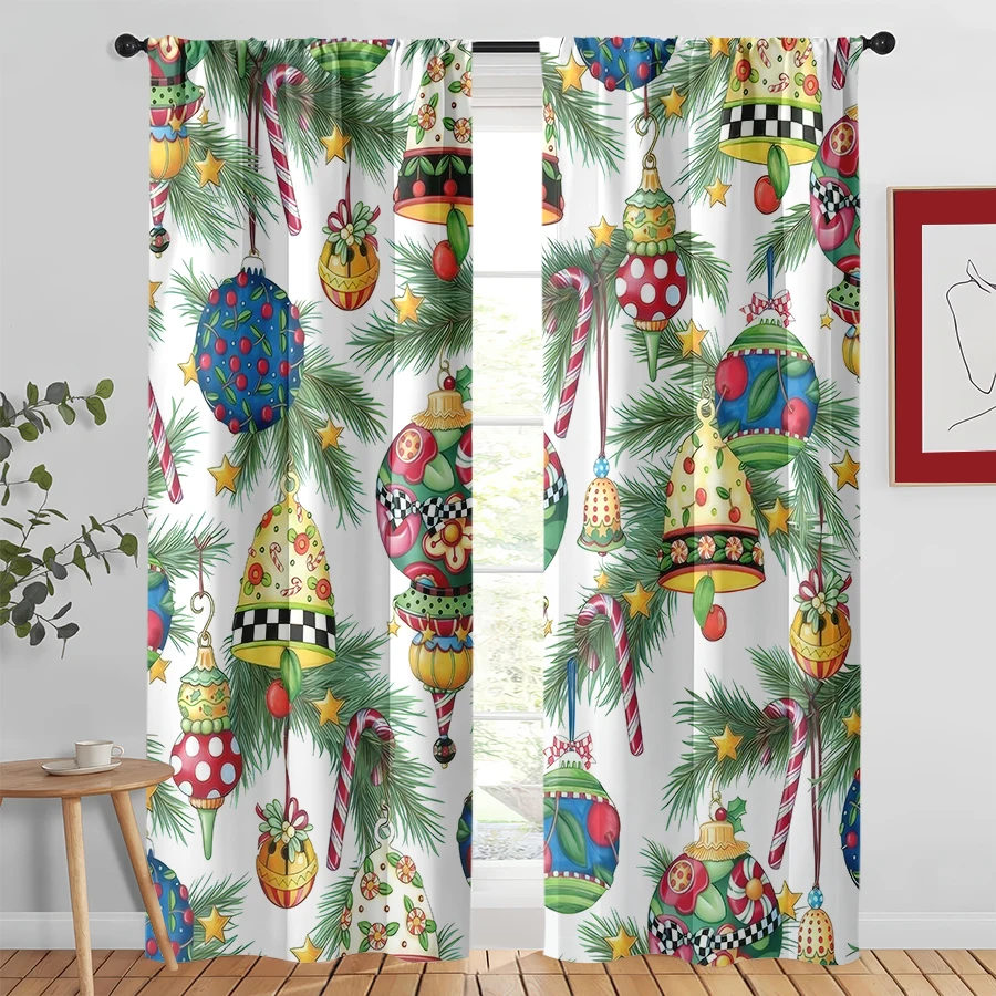 2PCS Christmas Curtains, White Ornaments Candy, Digital Print, Bedroom Living Room Kitchen, Rod Pocket Polyester, Home Decor
