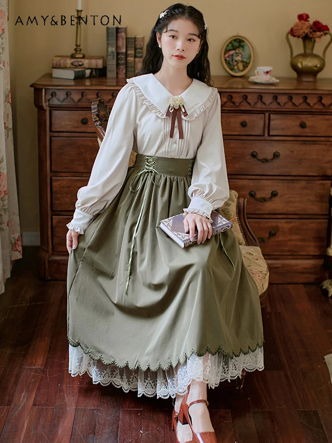 Spring Autumn New Elegant Retro Peter Pan Collar Lantern Sleeve Shirt Cross Tied High Waist Mid-Length Skirt Two-Piece Set Women