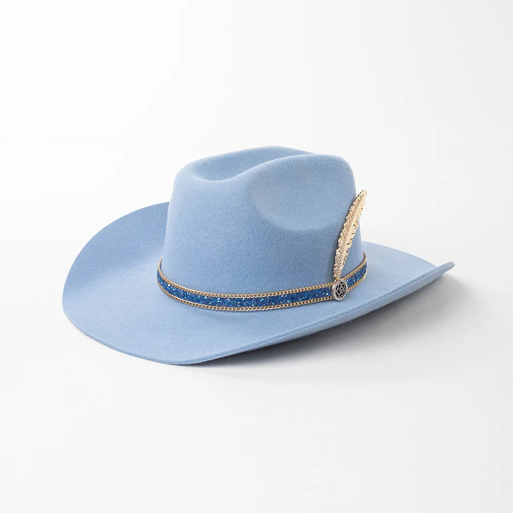 Fashion Casual Blue Diamond Metal Feather Wool Wide Brim Western Cowboy Hat Outdoor Warm Fedora
